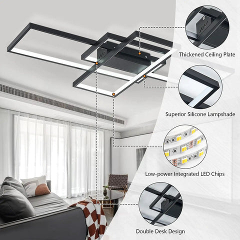 Lit Dimmable LED Ceiling Light With Remote Black Square Flush Mount Fixture in a modern living room with design features highlighted
