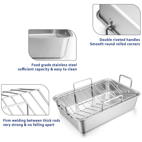 Stainless Steel Roasting Pan With Rack Set Large 15.2 Inch Lasagna Pan Includes V Shaped Rack And Basting Brush Heavy Duty Dishwasher Safe