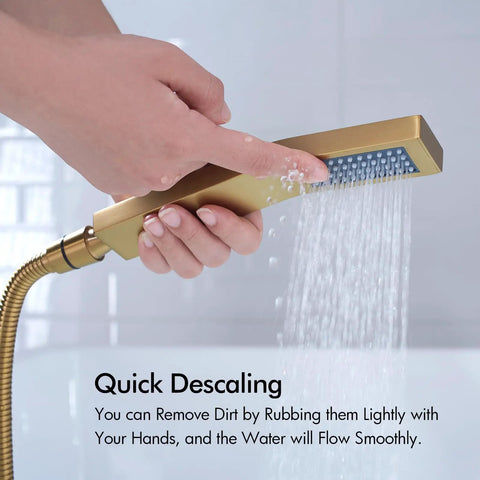 Solid Brass Floor Mount Bathtub Faucet Free Standing Tub Filler With Hand Shower Swivel Spout Brushed Brass And Brushed Gold High Flow Rate Waterfall Look For Modern Bathrooms hand shower detail