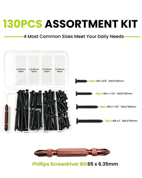 130pc Black Wood Screws Set With Long Phillips Flat Head Screws Carbon Steel Four Size Screw Kit 0.75 Inch 1.25 Inch 1.50 Inch 2 Inch Driver Included Built For DIY Woodworking Cabinets And Furniture Projects, open case
