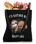 Sloth Themed Tote Bag I'd Rather Be Napping Carryall for nap lovers, filled with groceries and flowers, 16x16 inches, black handles