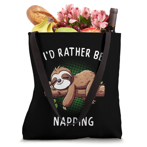 Sloth Themed Tote Bag I'd Rather Be Napping Carryall for nap lovers, filled with groceries and flowers, 16x16 inches, black handles