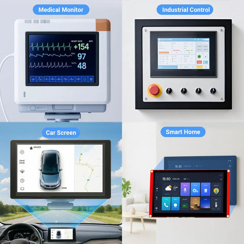 7 Inch TFT RGB LCD Touch Screen Display With Acrylic Case For DIY ESP32 LX7 Dual Core Up To 240MHz 800x480 Resolution, Built In WiFi And Bluetooth, Compatible With Arduino LVGL PlatformIO MicroPython, shown in medical, industrial, car, and smart home uses