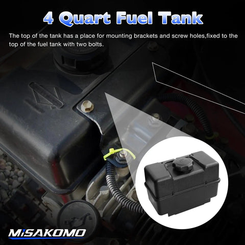 Close-up of one gallon gas tank for lawn mowers and small engines, showing screw holes for mounting and view of the 4 quart plastic tank.