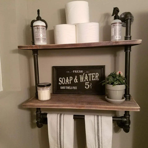Industrial Pipe Shelf With Towel Bar Rustic Wall Mount 2 Tier Wood Shelves For Bathroom Or Outdoor 24 Inch Long Iron Pipe Storage Rack Vintage Charm Heavy Duty Easy Mounting