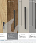 Oil Rubbed Bronze Bar Cabinet Pulls shown on different wood finishes with dimensions and center-to-center measurements for selection.