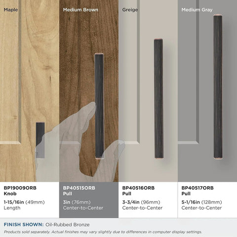 Oil Rubbed Bronze Bar Cabinet Pulls shown on different wood finishes with dimensions and center-to-center measurements for selection.