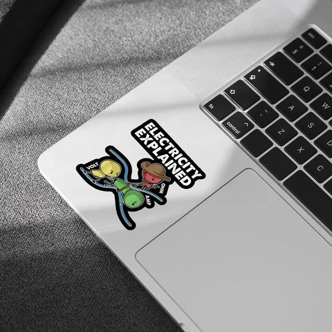 Close-up of laptop with Three Piece Electricity Explained Sticker Set With Funny Volts Amps Ohms Quotes For Electrical Engineers.