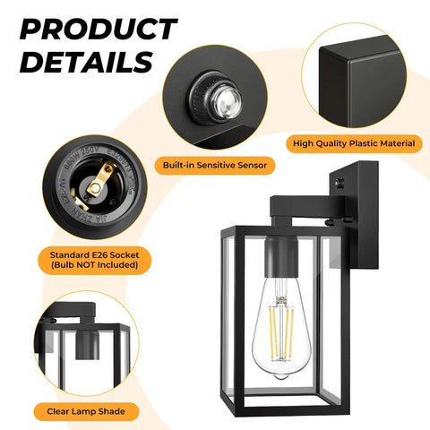 Close-up view of Two Pack Dusk To Dawn Outdoor Wall Lanterns With Automatic Sensor, showing E26 socket and clear lamp shade.