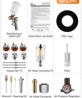 Precision HVLP Spray Gun For Auto Paint Jobs, Equipped With A WideTip Nozzle, nozzles, air connectors, cleaning tools, guide.