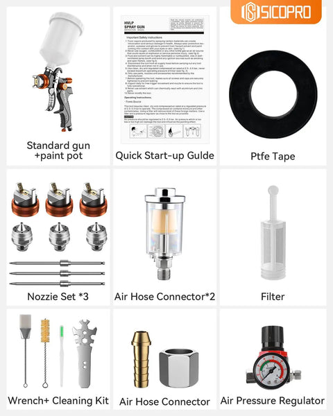 Precision HVLP Spray Gun For Auto Paint Jobs, Equipped With A WideTip Nozzle, nozzles, air connectors, cleaning tools, guide.