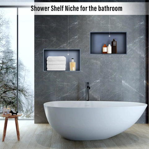 Bathroom with dual stainless steel shower niches in wall, storing towels and toiletries, highlighting ease of install and anti-rust coating