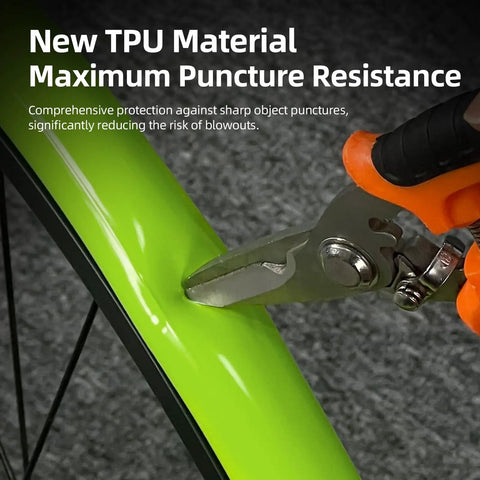 Testing puncture resistance of 2 Pack Gravel TPU Bike Inner Tubes For 700x32-47C And 29 Inch MTB Tires with pliers on green tube.