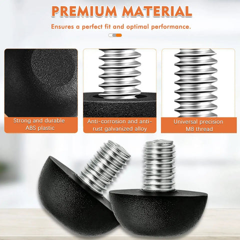Upgrade Your Home Setup With Eight Piece Adjustable M8 Furniture Levelers Featuring Tough Stainless Steel Build Non Marking Nylon Base Smooths Wobbly Tables And Sturdy Desks showing close-up of ABS plastic and galvanized alloy details.