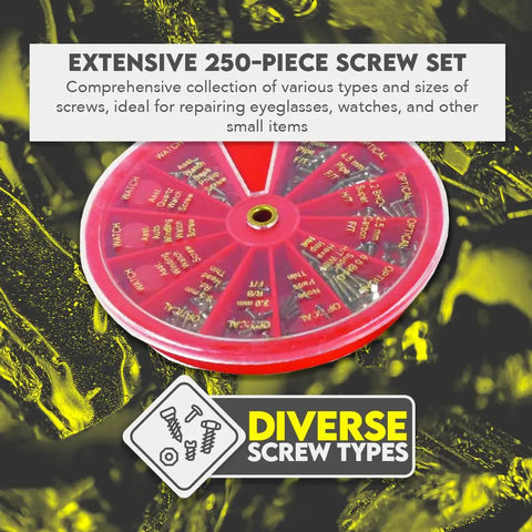 250 Piece Repair Screw Set With Revolving Organizer for glasses, sunglasses, watches, with assorted tiny screws.