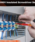 Using 1000V Insulated Electrician Screwdriver Set With Magnetic Tips And Rotatable Top Cap on electrical panel