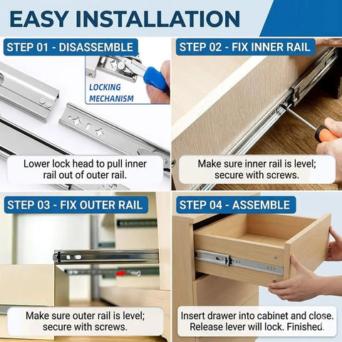 Step-by-step installation of Heavy Duty Locking Drawer Slides 53 Inch Width Full Extension Runners With Lock And Ball Bearing