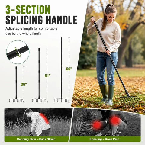 Person using Heavy Duty Brush Rake With A 15.6 Inch Wide Head And 11 Steel L Shaped Tines, Adjustable 36 To 66 Inch Handle in yard.