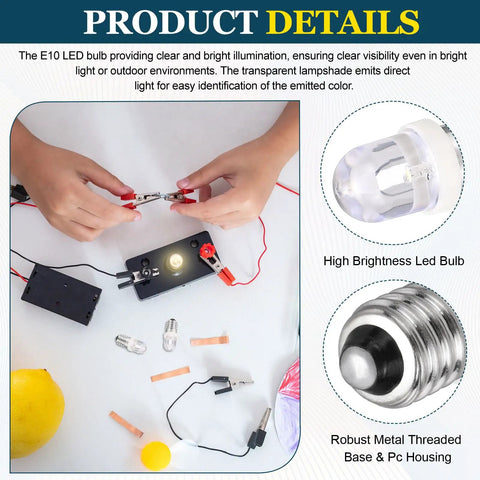 Straight Up Solid E10 Screw Base LED Bulbs in use, showing hands connecting wires, illuminated bulb, and project setup.