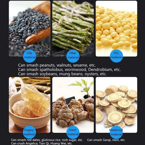 Image showing various materials like oily, fiber, dry, sugary, and hard materials for the Electric Grain Grinder And Pulverizer For Kitchen Milling High Speed Powder Machine Vertical Pulverizer With Digital Thickness Adjustment And Stone Grinding Style For Dried Foods Beans Spices And Cereal.