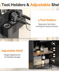 Rolling Salon Cart With Three Tier Design Two Drawers And Adjustable Shelf Hair Dryer Holder; close-up of tool holders and adjustable shelf.
