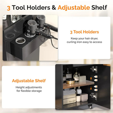 Rolling Salon Cart With Three Tier Design Two Drawers And Adjustable Shelf Hair Dryer Holder; close-up of tool holders and adjustable shelf.