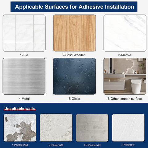 Chart showing suitable surfaces for Stainless Steel Self Adhesive Hand Towel Bar For Wall Mount Black Modern Towel Holder.