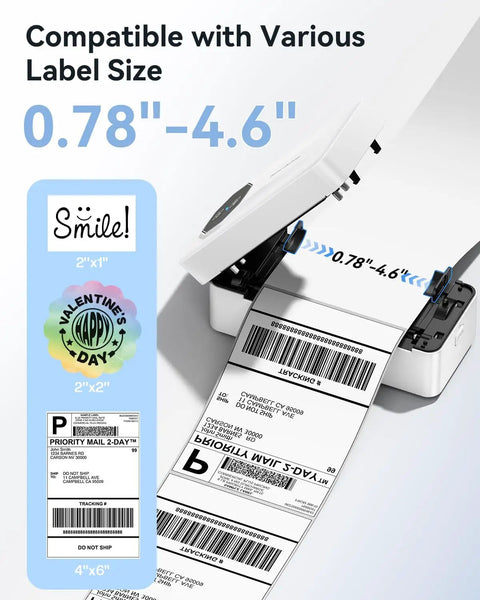 Bluetooth Thermal Label Printer For Small Biz 4x6 Wireless Label Printer with size range 0.78"-4.6" labels, showing printed labels