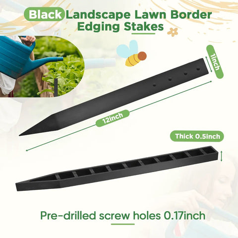 24 Piece 12 Inch Heavy Duty Landscape Lawn Garden Border Stakes Set Black Plastic Stakes For Easy Install DIY Friendly Yard Edging