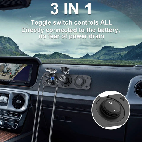 All In One Marine Power Panel With USB PD3 And Dual QC3 Ports 150W Lighter Socket Voltmeter in car interior with toggle switch