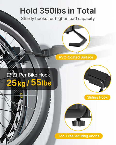 Freestanding Bike Storage Rack for Five Bikes With Built Tough Heavy Duty 350 Lbs Vertical Stand Five PVC Coated Bike Hooks And Six Helmet Hooks Indoor Outdoor Bike Organizer with wheel and hook details