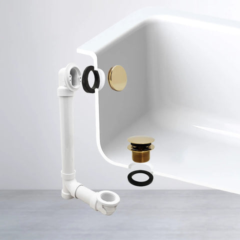 Slick Sch 40 Pvc Bathtub Waste Assembly With Illusion Overflow Plate And Tip Toe Drain Plug Polished Brass Finish installed in tub.