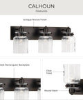 Calhoun Collection Clear Glass Farmhouse Bath Vanity Light with three lights, antique bronze finish, thick glass shades.