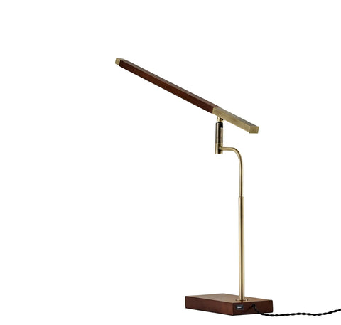 Barrett LED Desk Lamp with adjustable walnut wood shade and brass accents, 16.5 to 28.5 inch height, sleek design