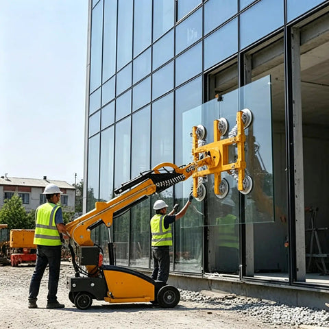Slick Electric Vacuum Suction Cup Cart Built For No Sweat Heavy Glass And Stone Lifting With Extendable Telescopic Arm Automatic Robotic Handler Smooth Industrial Moving Beast lifting large glass panel on construction site.