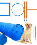Dog Agility Course Backyard Set For Training And Totally Fun, Easy Setup Obstacle Kit with tunnel, hurdles, and happy dog.