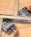 Heavy Duty Stainless Steel Corner Clamps For Woodworking Adjustable Right Angle Vise holding wooden boards at right angles.