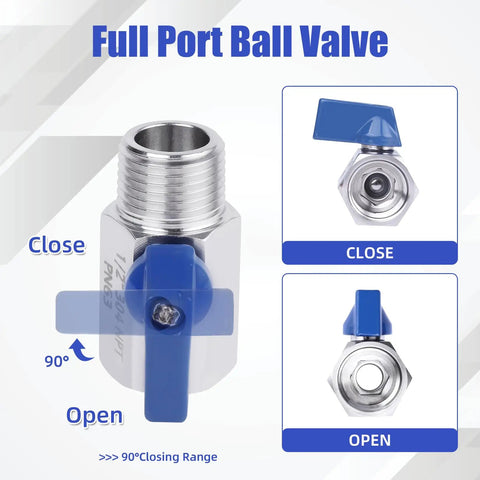 Five Pack Half Inch Mini Ball Valves Stainless Steel 304 NPT Female To Male Threads Shut Off Quarter Turn Bidirectional Flow