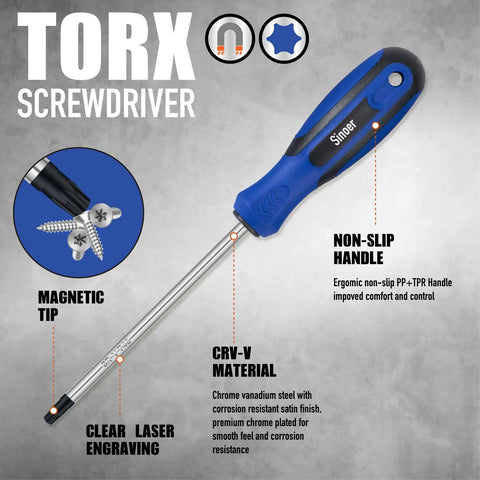 Magnetic Torx Screwdriver Set 14 Pieces in CR V Steel T4 to T40 Pro Grade Repair Tools with blue non-slip handle and magnetic tip