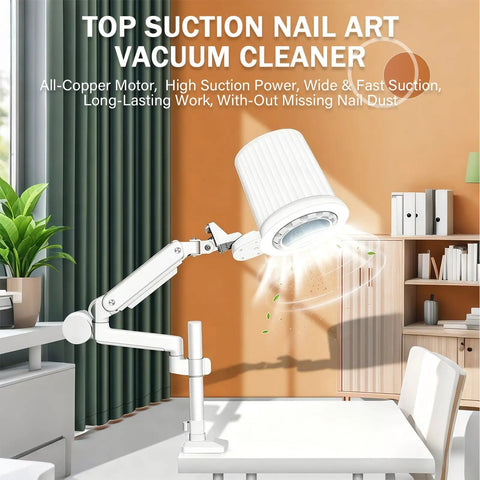 Pro Grade Nail Dust Collector With Dimmable LED Lamp, 360 Degree Adjustable Suction, mounted on desk in modern studio