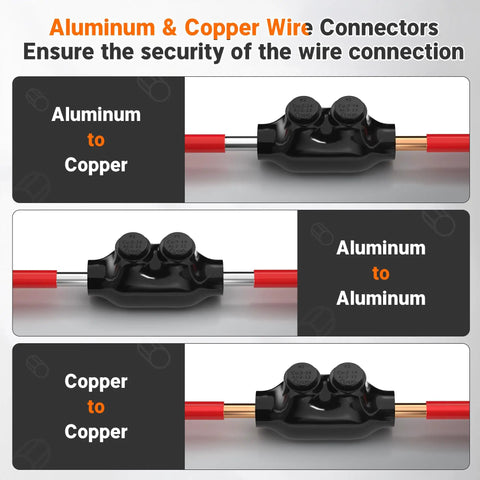 Two Port Inline Splice Connector Kit For Two To Fourteen AWG Aluminum To Copper Wire, Insulated Inline Splice Connectors, Heavy Duty Wire Splices For Car Boat RV Wiring, Includes Five Thirty-Second Inch Slotted Allen Hex, Six Pack, shown for aluminum to copper wire