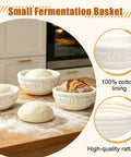 Six Pack 5.1 Inch Round Banneton Bread Proofing Baskets With Linen Liners for sourdough, showcasing dough and baked bread