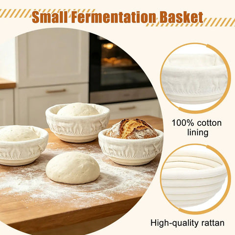 Six Pack 5.1 Inch Round Banneton Bread Proofing Baskets With Linen Liners for sourdough, showcasing dough and baked bread