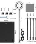 Components of Four Arm Soldering Gear With 5X Magnifier And Light, PCB Holder And Third Hand Tool, with non slip steel base, screws, tools.