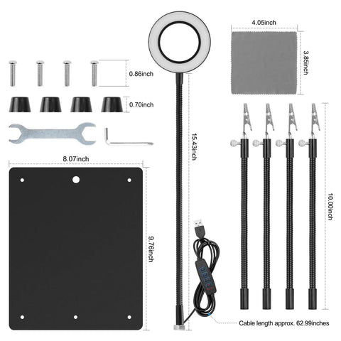 Components of Four Arm Soldering Gear With 5X Magnifier And Light, PCB Holder And Third Hand Tool, with non slip steel base, screws, tools.