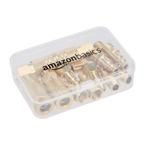 Amazon Basics 14-piece brass air fittings kit with 1/4-inch NPT quick-connects in a clear plastic case