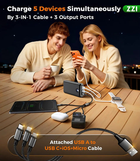 Massive 60000mAh Power Bank With 3 In 1 USB-C iOS Micro USB Cable And 22.5W Fast Charge charging devices on table