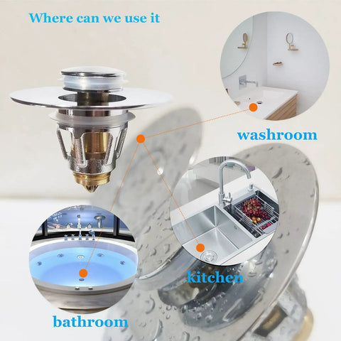 Silver Bathroom Sink Stopper With Hair Catcher Two In One Drain Strainer shown with bathroom, kitchen, washroom uses