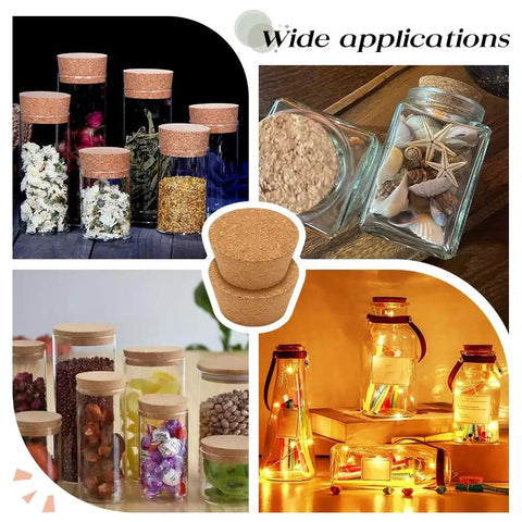 Two Large Cork Bottle Stoppers Set For Canning Jars And Bottles, wooden tapered plugs in use with various jar displays
