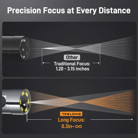 4 Way Dual Lens Articulating Borescope For Auto Techs With Joystick Control Full 360 Degree Rotation And 210 Degree Bending Pro Grade Flexible Probe For Tight Engine Spaces And Chassis Inspections, focus comparison graphic